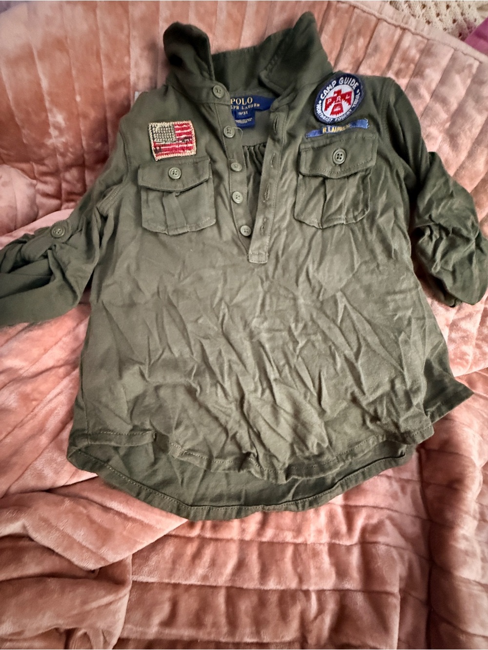Polo by Ralph Lauren Olive Green Girl’s Button-Front Henley with Patches